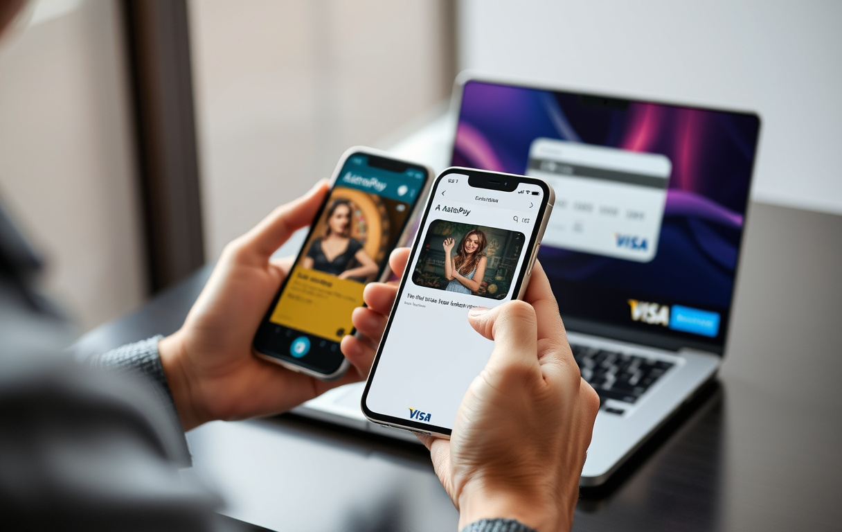 Smarttelefon med AstroPay-appen og bekreftelse på vellykket innskudd, med et casino i bakgrunnen.
