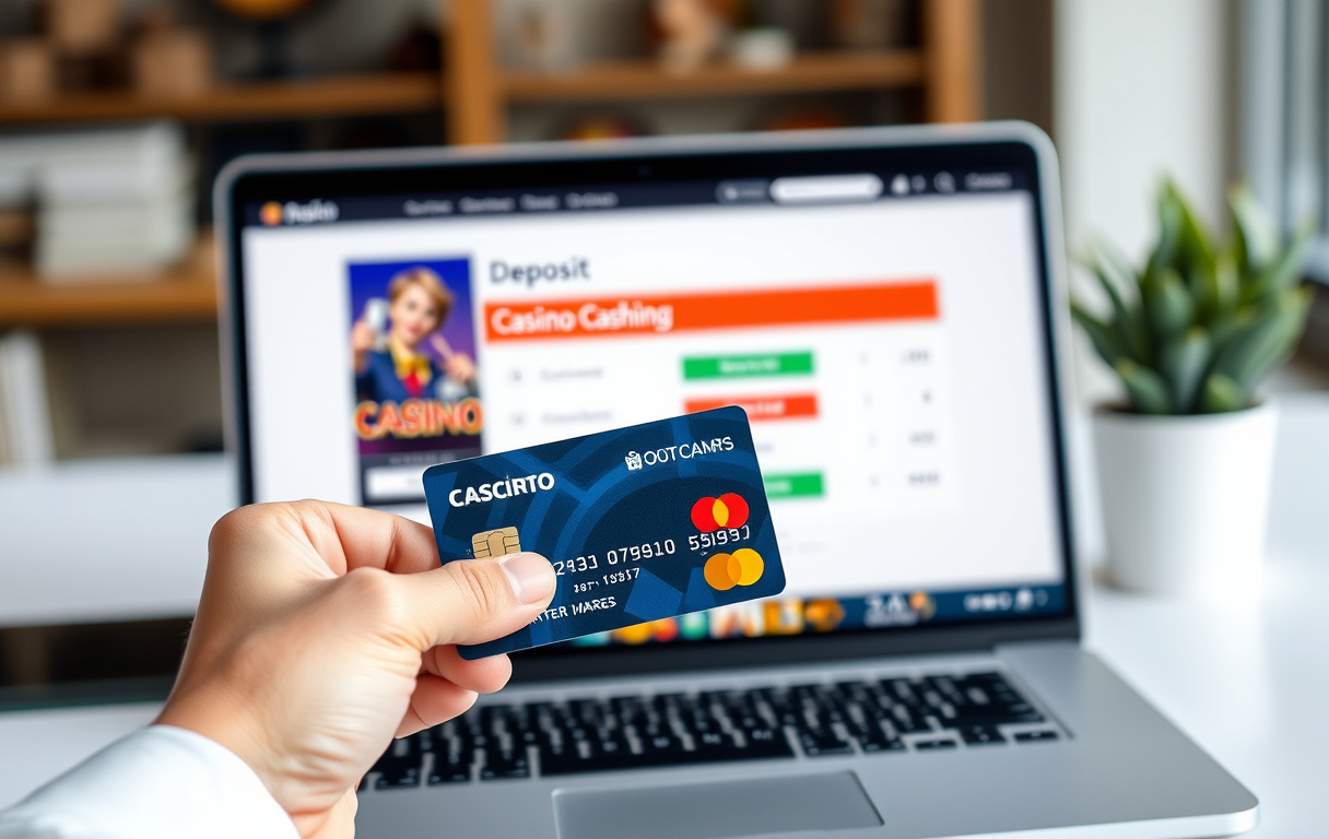En person holder et Mastercard debetkort foran en bærbar PC med et casinoinnskuddsskjema