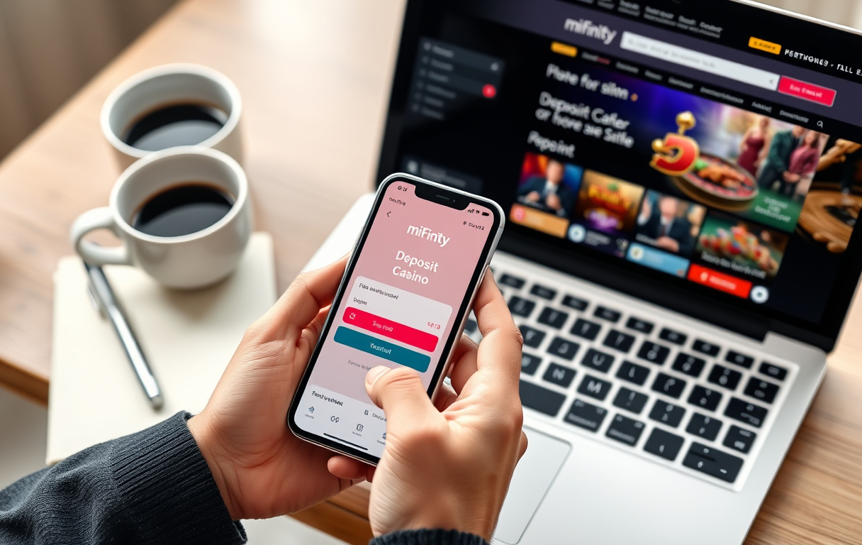 Person med mobil og laptop som viser MiFinity-appen og casino-kassen