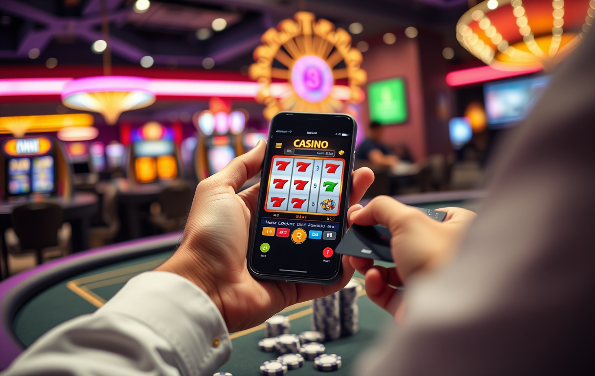En person holder en mobiltelefon med en bekreftelse på mobilbetaling på et casino.