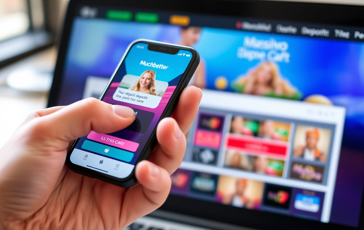 Person som bruker MuchBetter-appen på mobilen ved siden av en datamaskin med casino på skjermen.