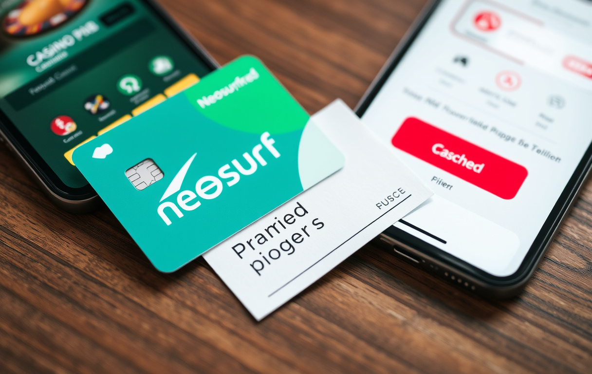 Neosurf-kupong og PIN-kode på bord ved siden av mobil med casinoinnskudd