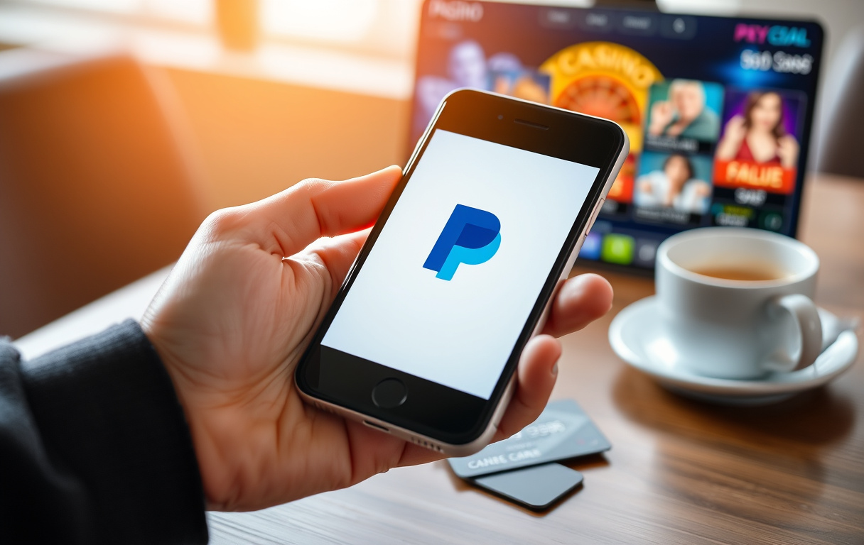 Smarttelefon med PayPal-app og blokkert casino-transaksjon