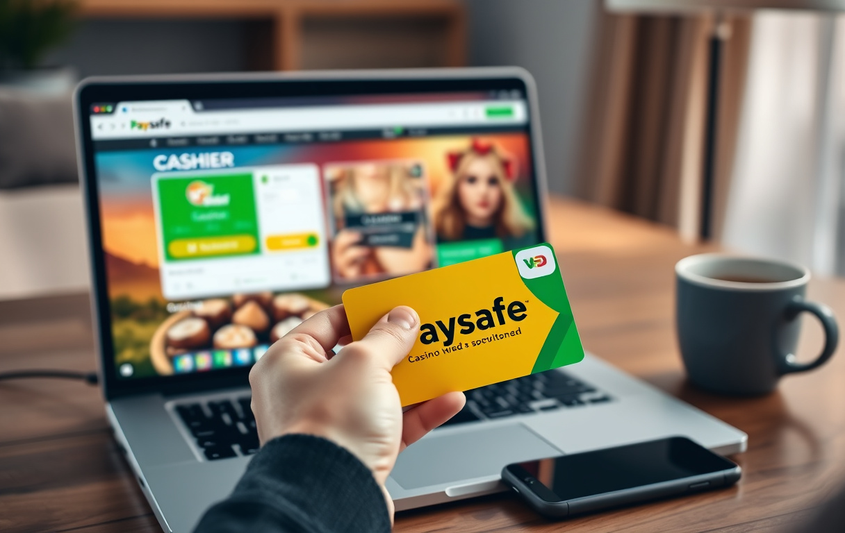 Hånd som holder en Paysafecard-kupong ved siden av mobil med casino-app, norsk kontekst.