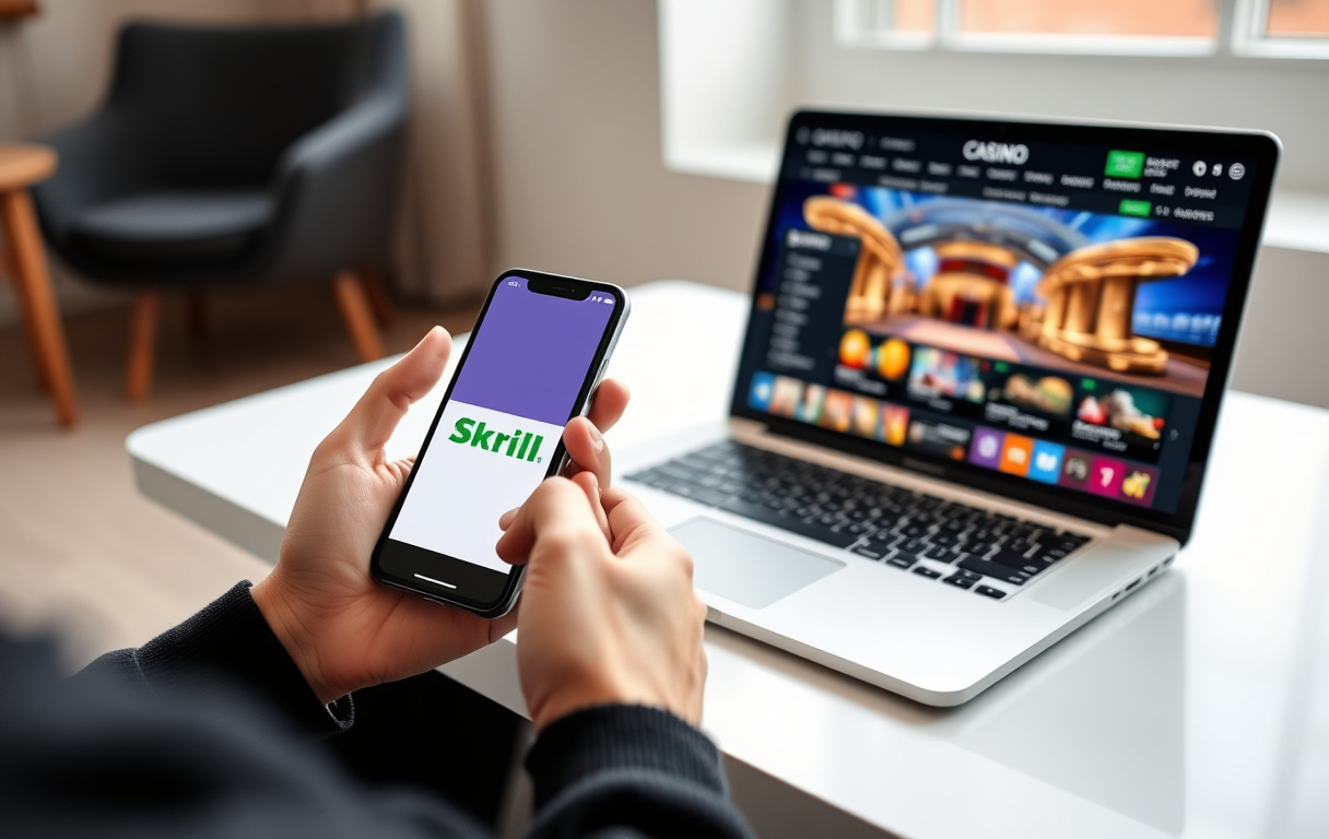 Person som bruker Skrill på mobil og laptop ved et casino – betalingsmetode for online spill.