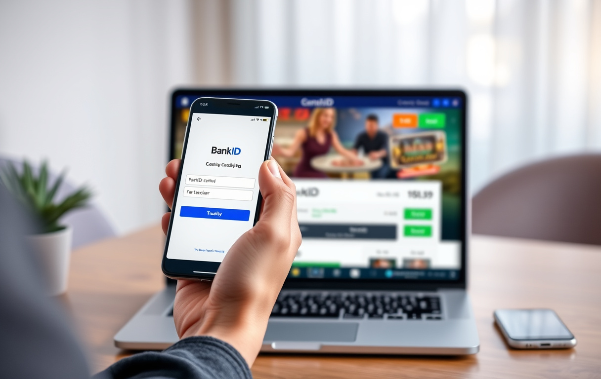Person som bruker BankID-appen på mobilen for å sette inn penger på et casino med Trustly