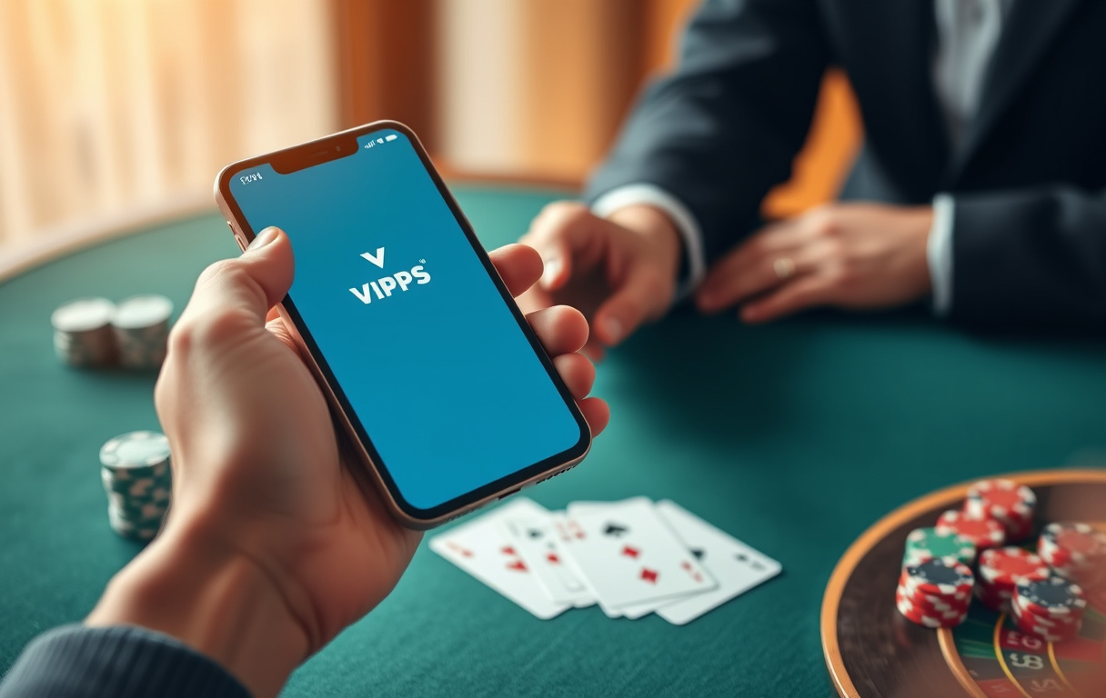 Person med mobiltelefon med Vipps-app, ved siden av laptop med casino-kasse som viser Paysafe og Bitcoin som betalingsmetoder.