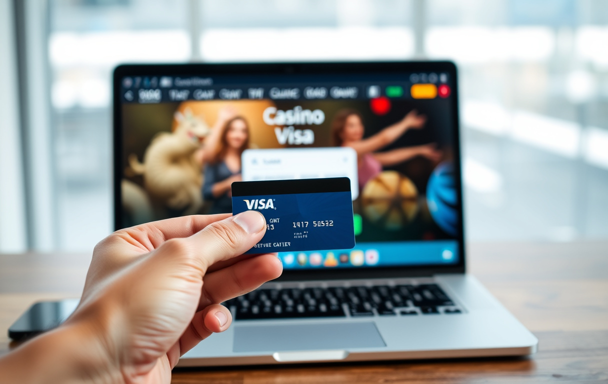 Hånd med Visa-kort foran en mobiltelefon med casino-kasse