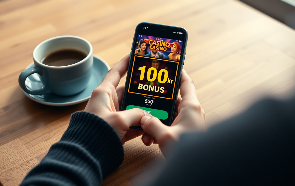Person med mobiltelefon som viser 100 kr gratis bonus på en spilleautomat, ved et bord med kaffekopp.