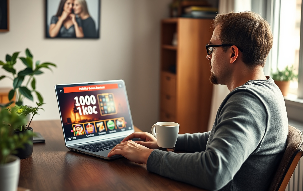 Person som sitter ved skrivebord med laptop og ser på et tilbud om casino bonus uten innskudd, i et norsk hjem.