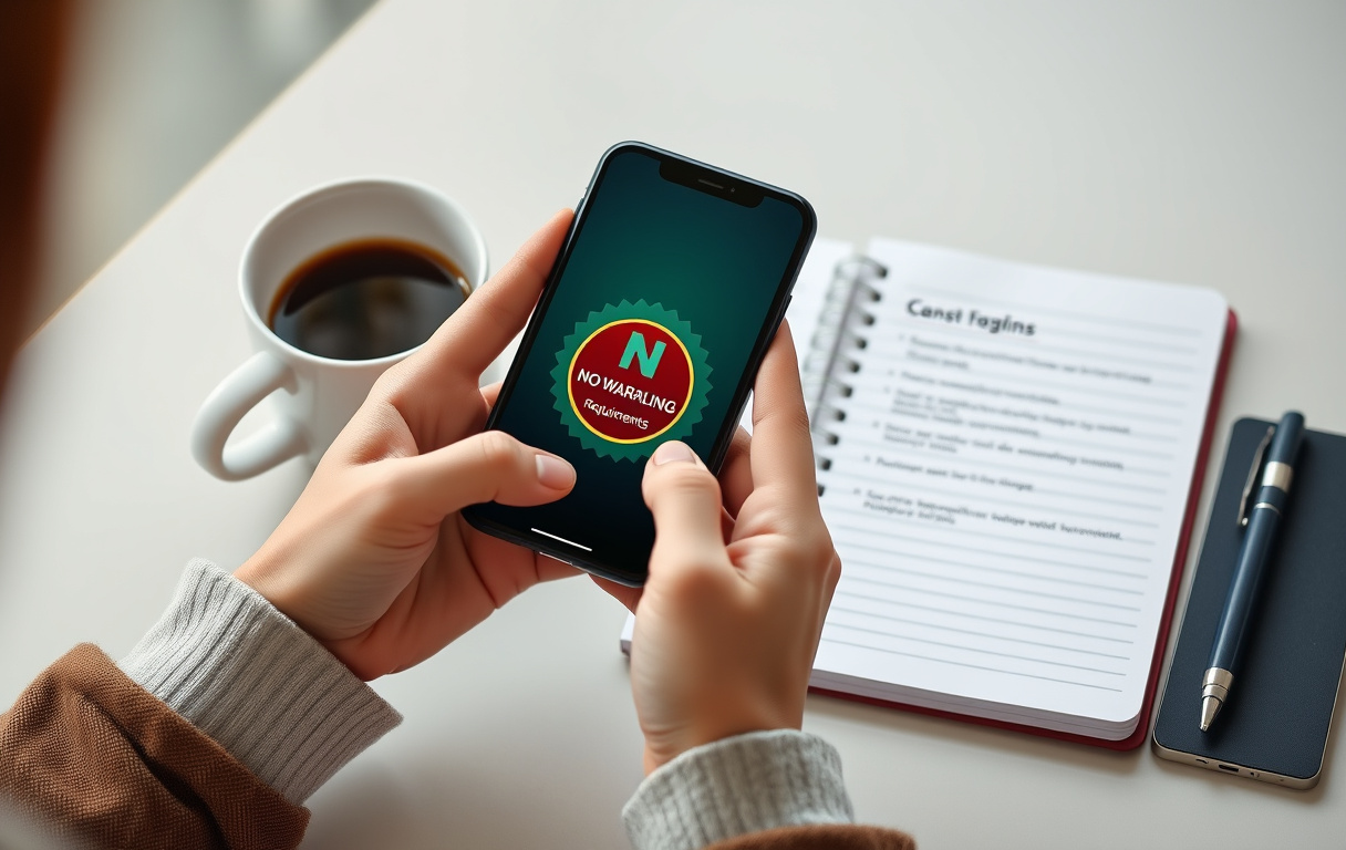 Person som holder en mobiltelefon med et casino uten omsetningskrav, med notatblokk og kaffekopp på bordet.
