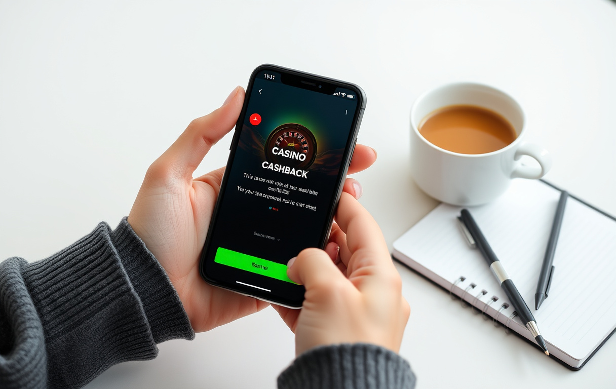En person holder en mobiltelefon som viser en cashback-melding fra et casino, med kaffekopp og notatblokk på bordet.