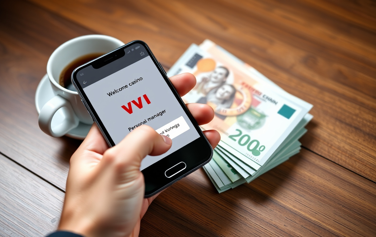 En norsk spiller holder en smarttelefon med VIP-casino-skjerm, kontanter og kaffekopp på bordet