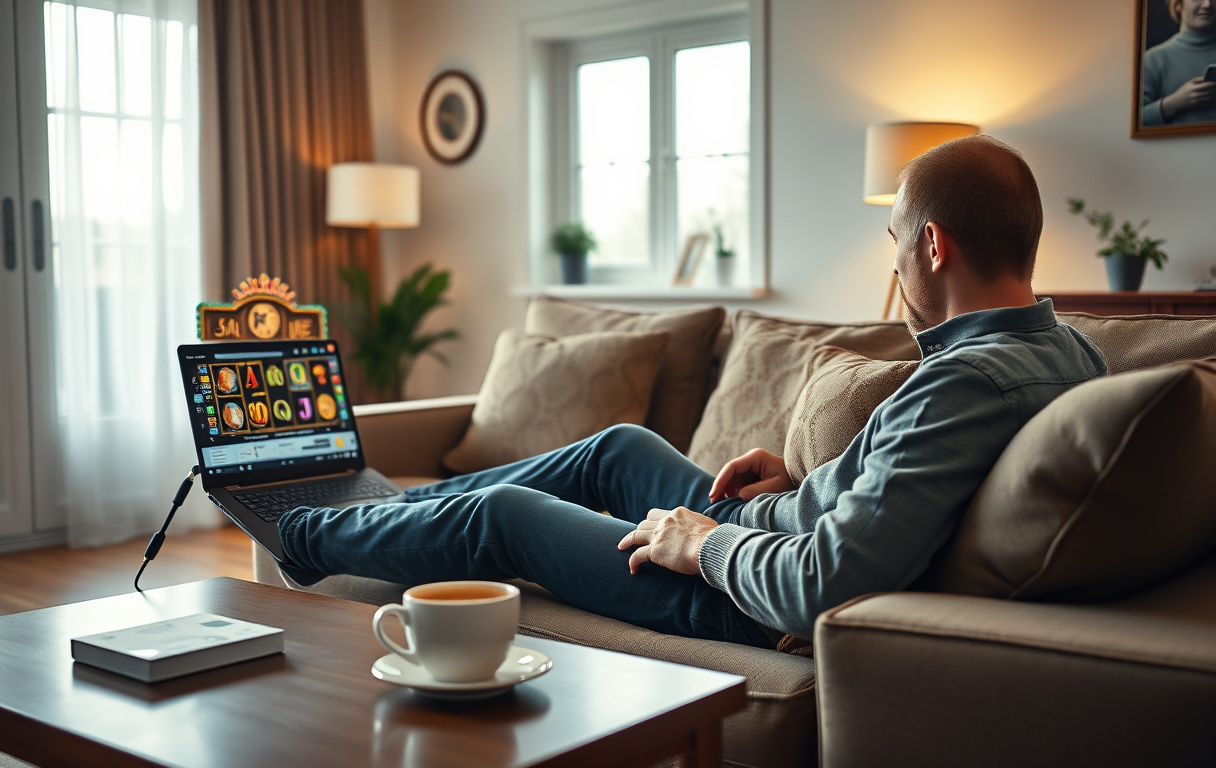 Person som spiller gratis casinospill på laptop i stuen
