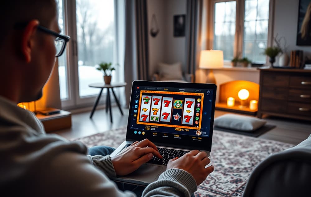 Person som spiller gratis spilleautomater på laptop