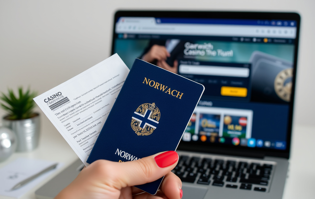 En person holder et norsk pass og en strømregning foran en bærbar PC med casino-verifiseringsside.