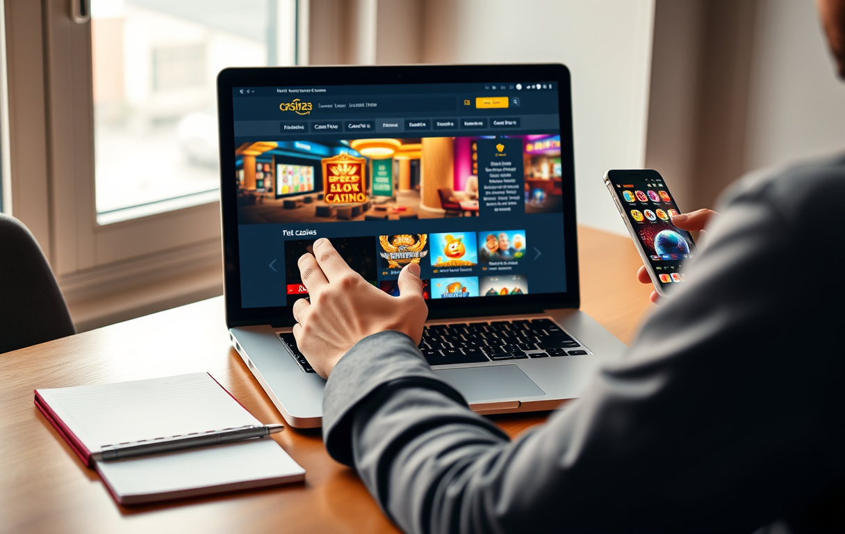 En person som bruker datamaskin og mobil for å vurdere et nettcasino, med notatblokk og kaffekopp.