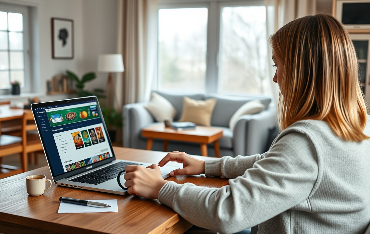 Person som sammenligner casinoer på laptop i norsk stue