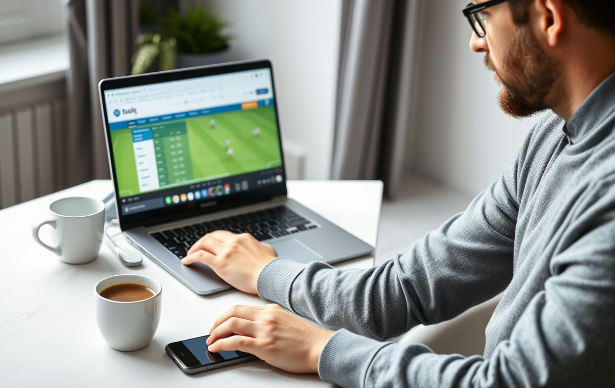 Person som sammenligner odds på en bettingside på laptop
