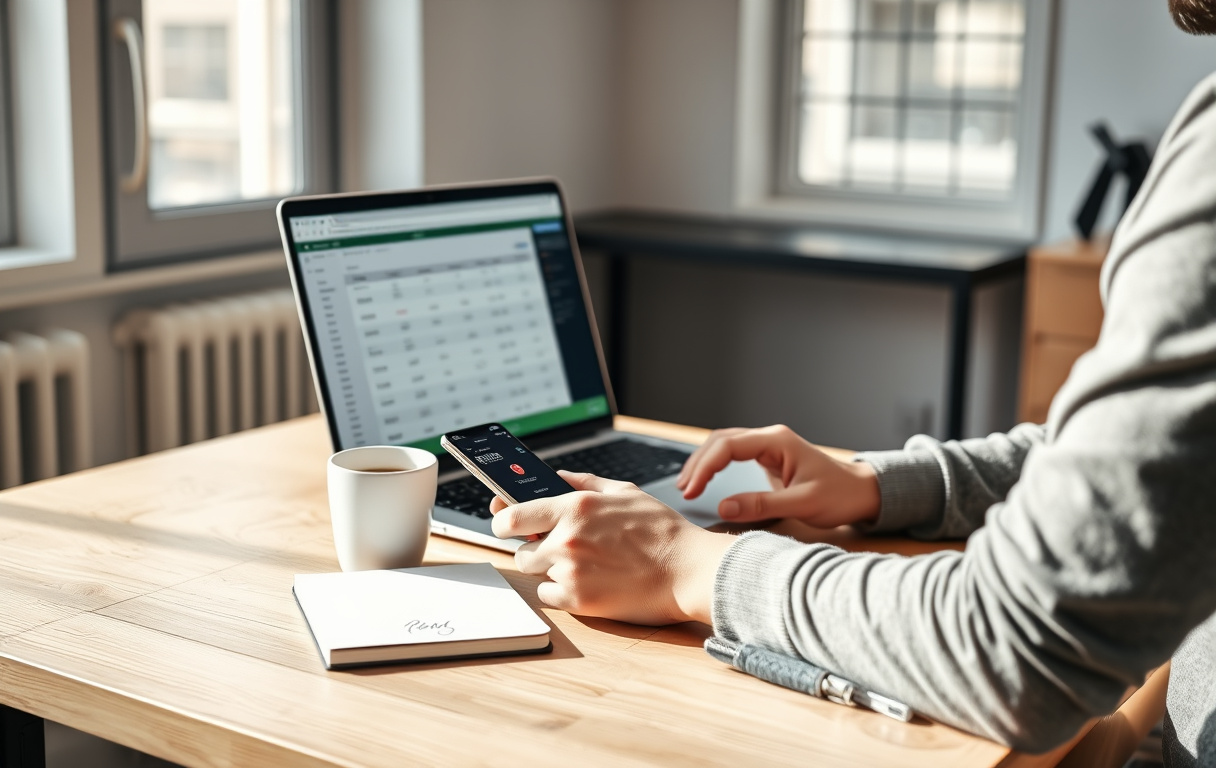 Person som sammenligner odds på laptop og mobiltelefon med kaffekopp og notatblokk.