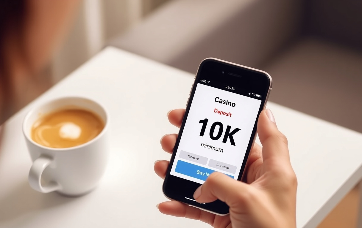 Skjermbilde av casinoinnskudd med 10 kroner minimum, mobiltelefon og kaffekopp.