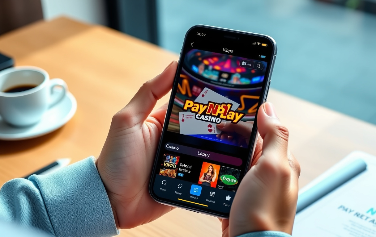 Person med mobil som viser et casino uten registrering med Vipps-betaling, på et moderne skrivebord.