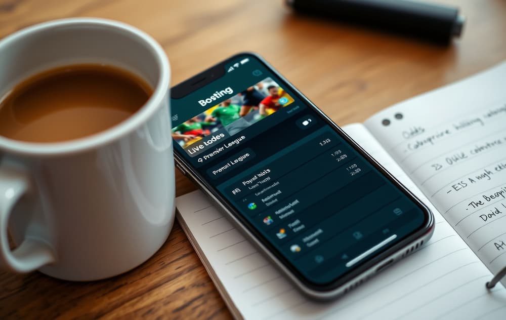Smarttelefon med fotballodds-app og notater om oddsammenligning