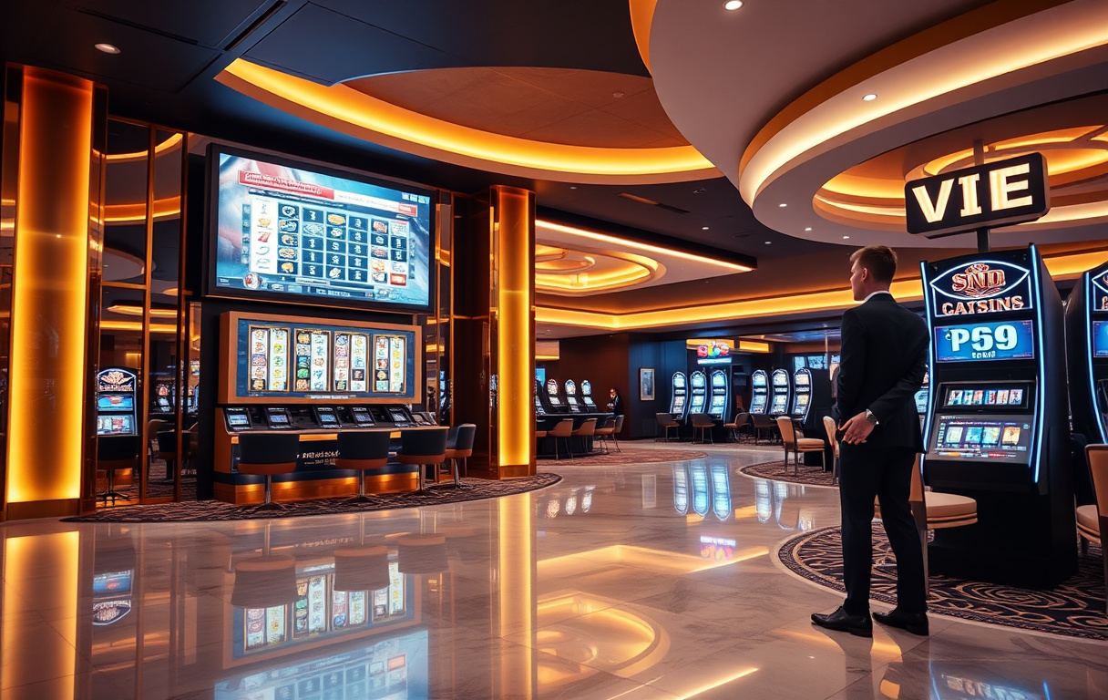 Luksuriøs casinolobby med VIP-sone og skjermer med spilleautomater