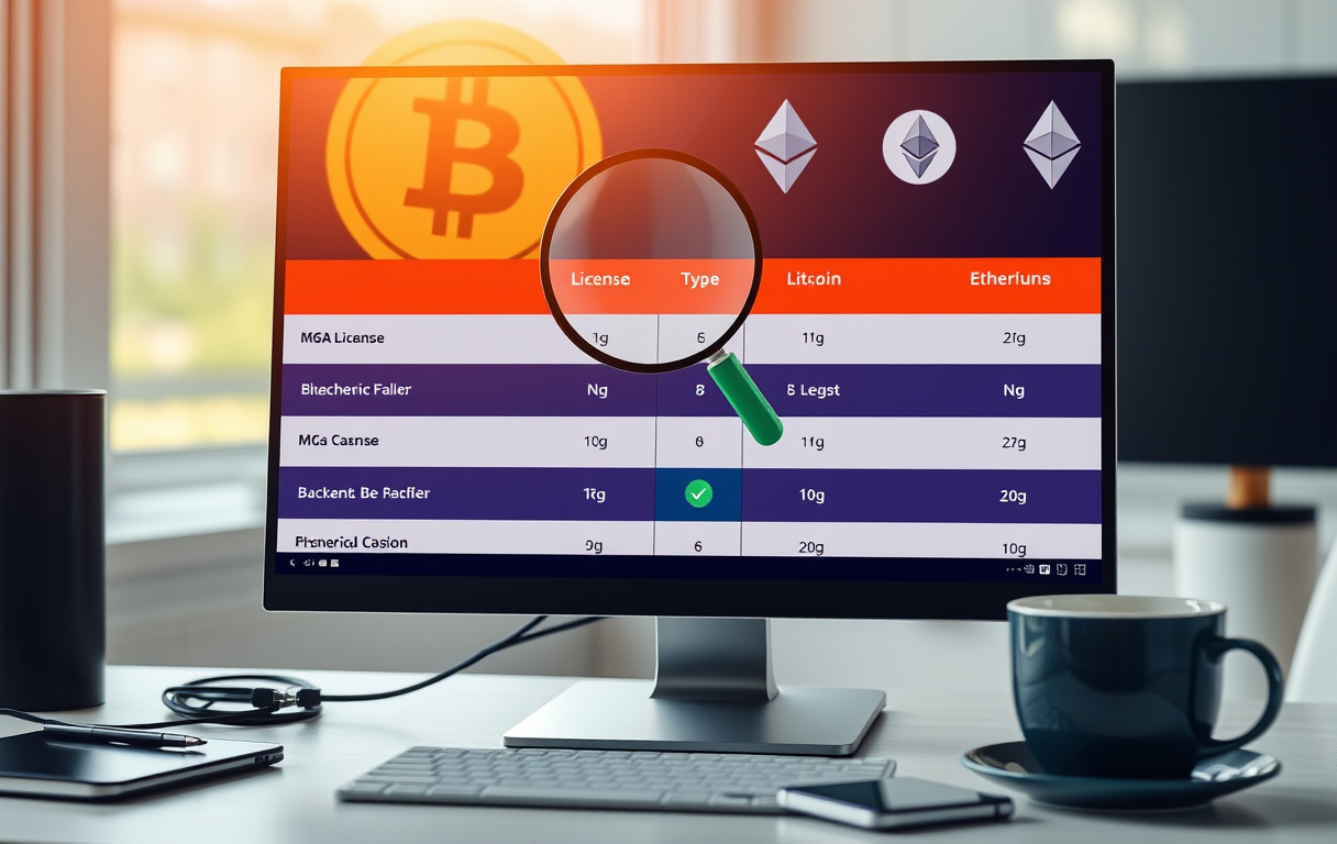 Sammenligning av kryptocasinoer på en dataskjerm med lisensinformasjon og kryptovaluta-symboler.