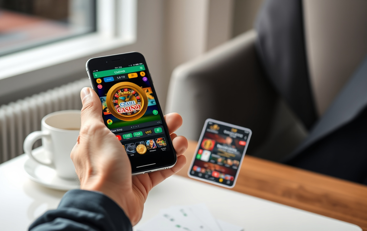 Person som sammenligner mobilcasinoer på smarttelefon