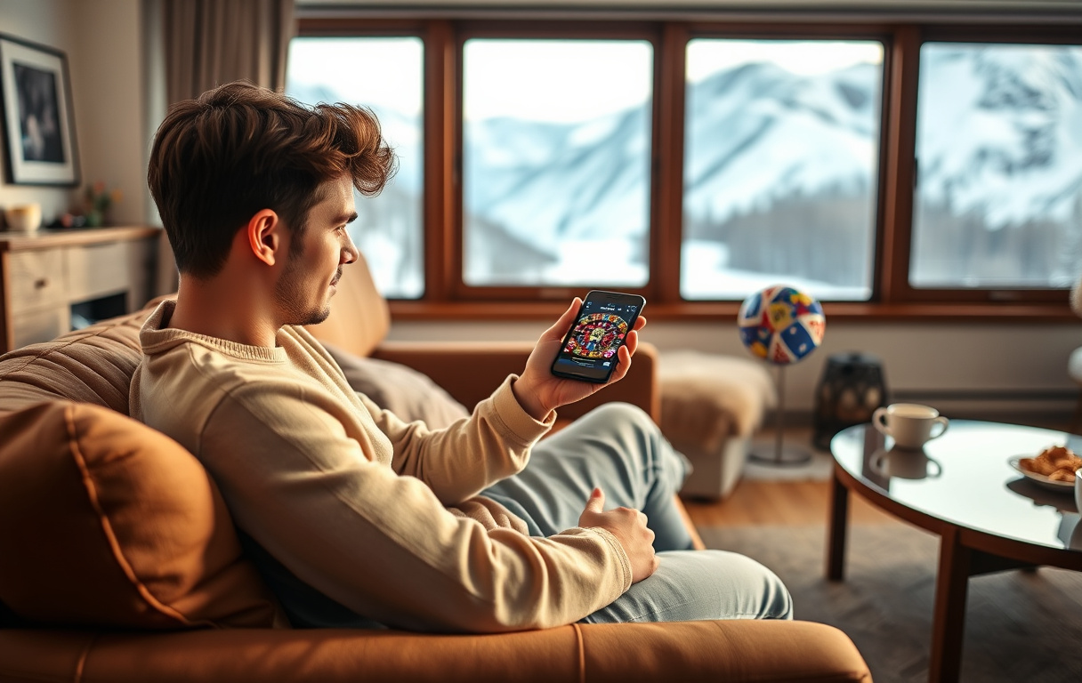 En person som spiller på mobilcasino i en stue med utsikt til snødekte fjell – ansvarlig spilling i hverdagen.