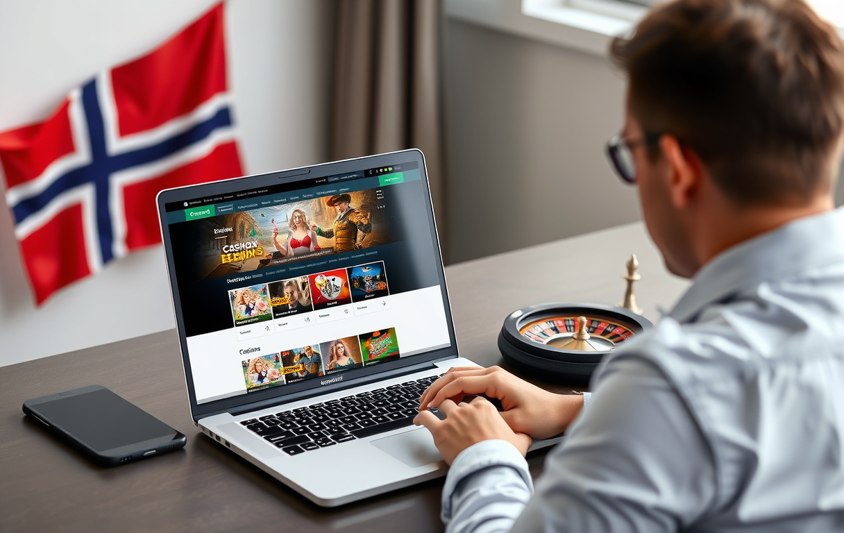 En person sammenligner to casinoer på en bærbar PC, med norsk flagg og rulett-hjul i bakgrunnen.