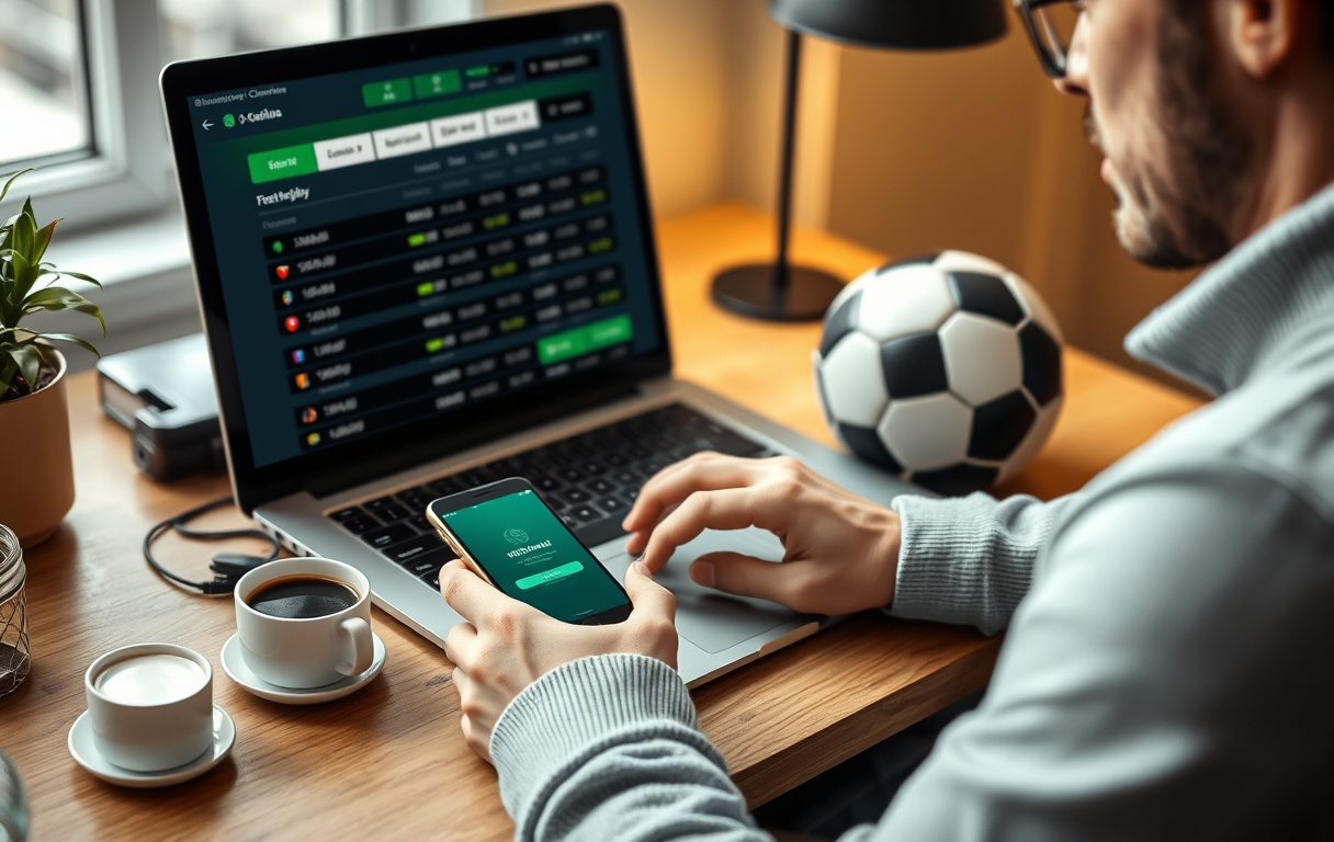 Norsk spiller som sjekker odds på en ny bettingside, med mobil og kaffekopp på bordet.