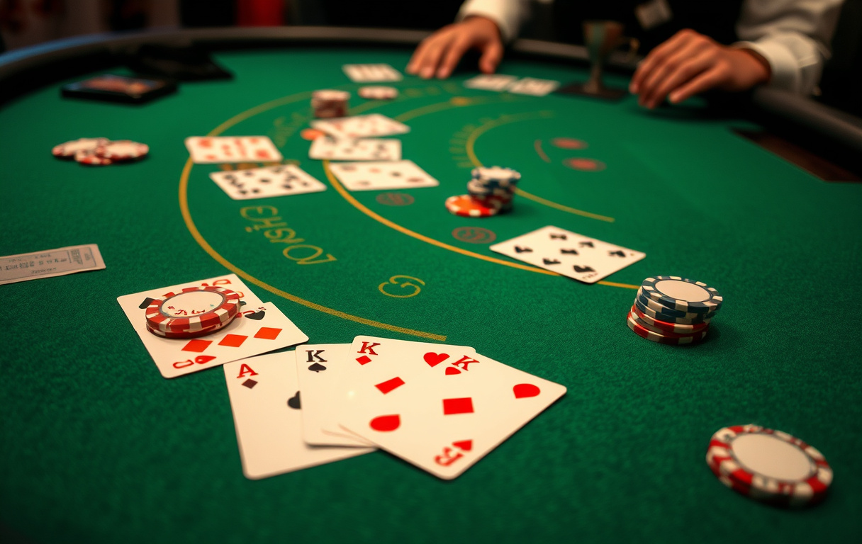 Blackjack-bord med kort og sjetonger, dealerens hånd synlig, grønt filt og myk belysning.