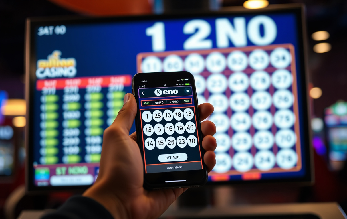 Person som spiller Keno på mobiltelefon i et casino-miljø med talltrekning på skjermen.