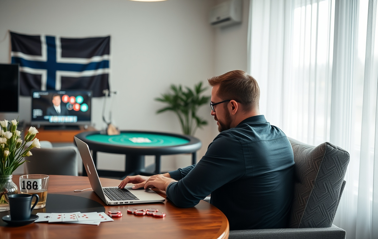 Norsk spiller spiller live blackjack hjemme med ekte dealer på skjermen, norsk flagg i bakgrunnen